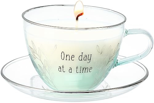 Pavilion Gift Company - One Day - 6 Ounces Tea Cup Soy Wax Candle and Saucer Set, Cotton Scented, Get Well Soon Gifts, Cancer Survivor Gifts, 1 Count (Pack of 2), 4.5” x 3.5” x 2.5”, Teal