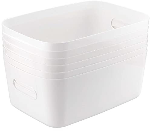 JEUIHAU 6 Pack Rectangular White Plastic Storage Baskets - Large, 30x20x12cm with Handles, Organiser for Cupboard, Bathroom, Office