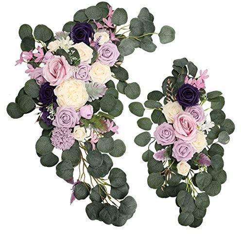 Künstliches Hochzeitsbogen-Blumen-Set, 2 Stück Girlanden, Seiden-Pfingstrosen-Blumengirlande, Rustikaler Künstlicher Eukalyptus-Grün-Blumengirlande, Künstlicher Blumengirlandenkranz für(Lila)