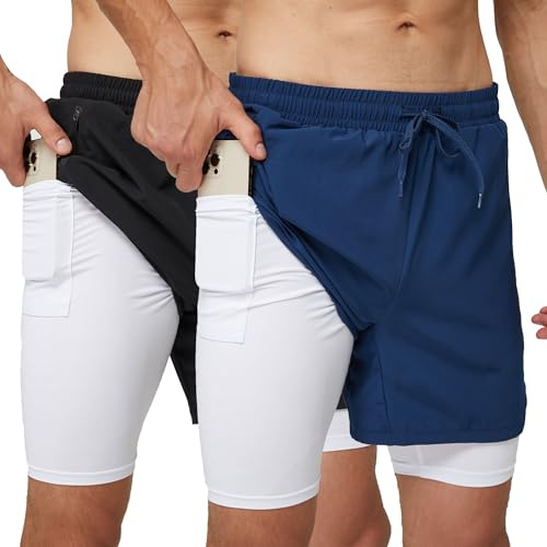 frueo 2-pack 2-i-1 löparshorts för män snabbtorkande gymshorts lätta sport atletiska träningsshorts med dragkedja ficka kompression basfoder träningsshorts, 0609blacknavy, M