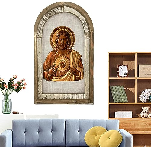 Firulab Imagen del Sagrado Jesús - Adorno Arte Mesa Mural Jesús Madera - Madera Vintage Divina Misericordia Cristianismo Católico, Jesús Sacre Corazón Adorno