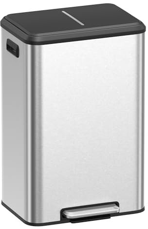 SONGMICS Cestino per Rifiuti, Pattumiera della Spazzatura 40 Litri con Coperchio e Pedale Largo, Chiusura Morbida e Apertura Continua, Argento LTB541E40