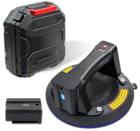 JUYLTOOL Ventouse électrique sans fil pour verre, avec 2 batteries, aspiration automatique, affichage numérique, pour carrelage, verre, capacité de charge 200 kg