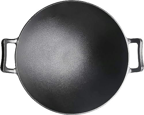 FLTRGO Wok en Fonte, Grand Wok avec Un Fond Rond Et Deux Oreilles, 36 Cm, sans Revêtement, Wok en Fonte, Épaissie