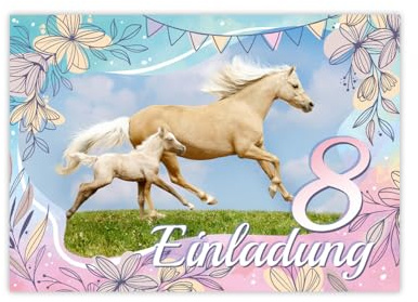 Minkocards 12 Einladungskarten zum 8. Kindergeburtstag Mädchen Pferd mit Fohlen Einladung achte Geburtstag Kinder bunte Geburtstagseinladungen