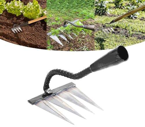 Garden Rake, Gardening Tools Heavy Duty with 4 Metal Tines, Sharp Durable Garden Weeding Tools, All Steel Hardened Hoe Hand Rake for Backyard Lawn Loosening Planting Weeding (4 Tines)