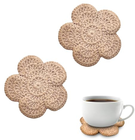 2 PCS Drink Coasters for Desk, Cup, Hot or Cold Drinks, Absorbent, Desk, Cute, Handmade, Corchet, Woven, Cloth, Floral Crochet, Cotton and Linen