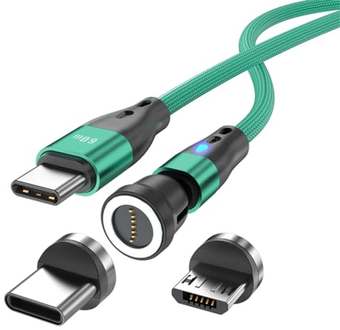 Magnetisches Ladekabel USB C auf USB Type C/Micro USB Magnetkabel PD 60W Schnellladung 1M/2M 540° Drehung 2-in-1 Magnet USB kabel für Android Micro USB Type C Smartphone Tablette Laptop(1m grün)