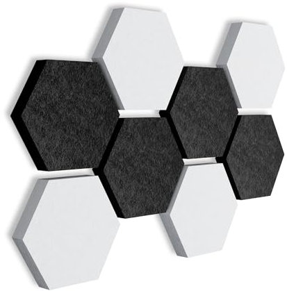 SILENT4® Hexagon Lot de 8 absorbeurs acoustiques muraux en non-tissé - Montage adhésif - Image acoustique blanche et noire - Meilleur son grâce aux panneaux acoustiques