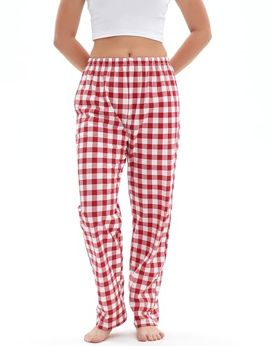 Mancru Pyjamasbyxor för Dam, Bekväma loungebyxor av bomull, rutiga pyjamasbyxor, loungewear för damer, nattkläderbyxor Pyjamabyxor för kvinnor, röd, XL