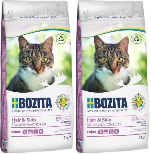 BOZITA Hair & Skin Weizenfrei mit Lachs - Trockenfutter für Erwachsene Katzen, DASS Haut- und Fellpflege unterstützt, 2 kg (Packung mit 2)