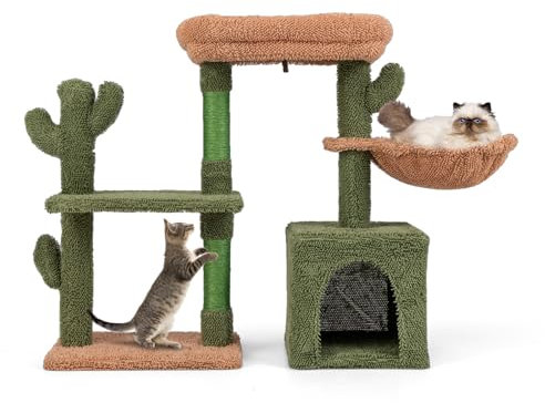 GYMAX 81 cm Kratzbaum Kaktusform, mehrstöckiger Kletterturm mit 2 Plattformen, Katzenhaus, Hängematte & Sisalpfosten, hoher Katzenbaum für Katzen, grün