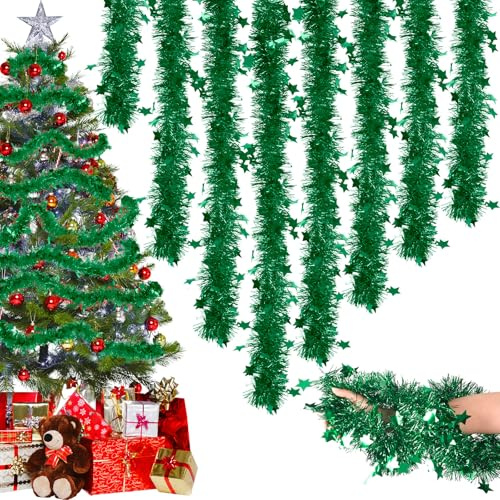 Lametta Weihnachtsbaum, 8PCS Weihnachtsgirlande Lametta Girlande Weihnachten Outdoor Christmas Garland Weihnachtsgirlanden Mit Sternen Verziert Weihnachtsdeko Girlande Christbaum Deko Grün