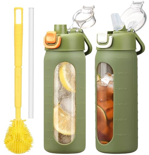 HYDRAGLAZIC 600ML Borraccia Vetro Motivazionale con Cannuccia & Indicatore di Orari, Vetro Borosilicato Trasparente, Portatile Coperchio a Prova di Perdite, Senza BPA,Verde Militare