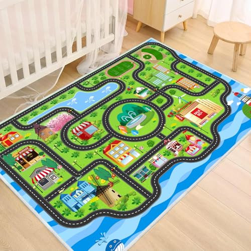 nanshiba Car Rug,Kids Play Rug with Roads,Playroom Toy Car Rug, Car Track Rug City Map for Bedroom Classroom - (78.7X59 Inches)