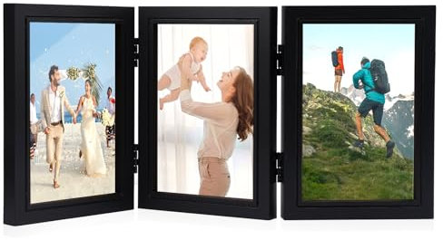 Portafoto Pieghevole Cornice 3 Foto 10x15cm,Cornici Triple In Legno Pieghevoli Per Foto 6 Pollici,Cornici Triple In Legno Cornici per 3 Foto Collage per la Casa,Camera Da Letto, Display Desktop (Nero)