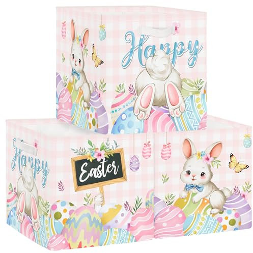 Clastyle Set di 3 Scatole Portaoggetti Pasqua Cubo di Stoccaggio per Armadio Vestiti Cesto Scaffali Coniglia per Bambini Scrigno dei Giocattoli e Libri della Scuola Materna, Rosa, 30x30x30 cm