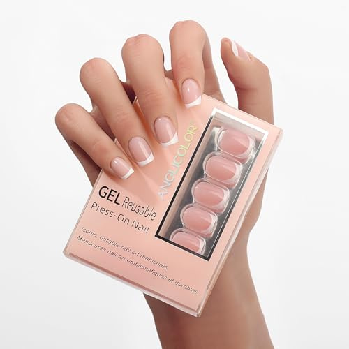 Anglicolor Ongles courts à presser, ongles à presser français, ongles à presser en gel, 32 pièces d'ongles artificiels en gel souple en 16 tailles, Kit de faux ongles réutilisables (ACXN-5, 32 pièces)