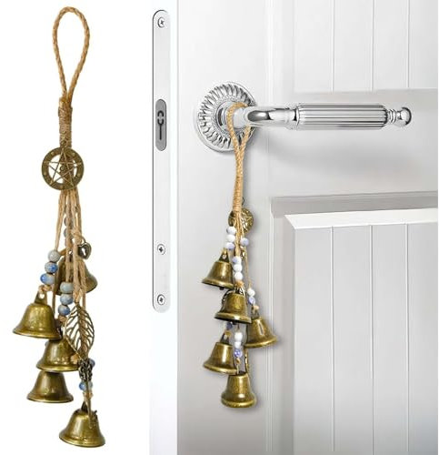 CANCYCC Campanas de viento para jardín, carillón de viento de metal, 33 mm, carillón de viento colgante para jardín, místico con 5 campanas, cuenta de bruja, dorado, interior y exterior
