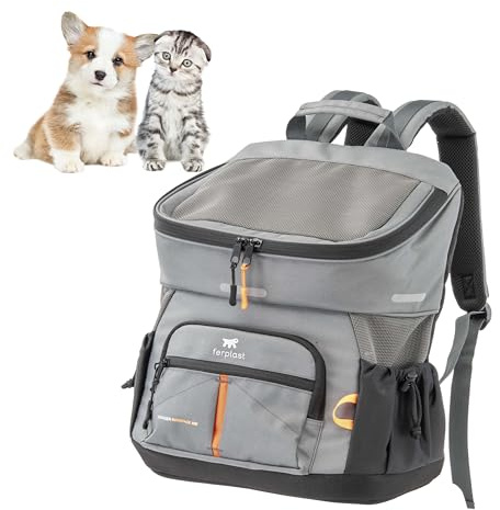 Ferplast Hunderucksack Voyager Backpack, Katzenrucksack, Hundetasche, Hundebox, Weite Öffnung, verstellbare Gurte, Sicherheitsgurt, mit Kissen, max. 10 kg, 29 x 21 x 36 H, Grau
