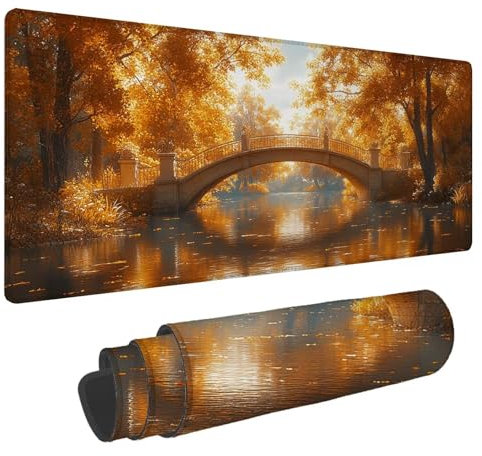 Alfombrilla Ratón Otoño Alfombrilla Ratón XXL 900x400x4mm Alfombrilla Raton Gaming Pequeño Puente Tapete Escritorio,Base Antideslizante de Caucho Natural Mousepad,Mejora precisión Velocidad A-625
