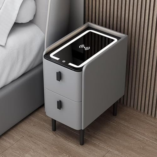 Smart Bedside Table Bedside Table for Bedroom Bedside Table with Adjustable LED Lights, Polished Table with 3 Ports and USB Charging, Storage Organizer with Locker