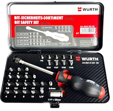 Würth Sicherheits Bit-Sortiment Kasten 29-teilig mit Einlage in attraktiver Carbon-Optik 061425130 Torq, Dreiflügel, TX mit Bohrung, Innensechskant mit Bohrung