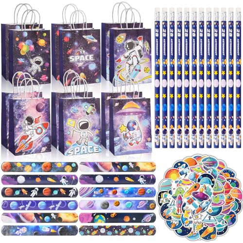 Dncvb Weltraum Geburtstag Mitgebsel Astronaut Geburtstag Party Deko | mit Weltraum Bleistift, Sticker Geschenktüte Astronauten Party Give Aways für Gastgeschenke, Geburtstag Party Deko
