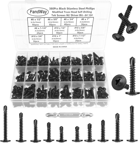 FandWay 380 Pièces Vis Autoforeuse Metal Noir,M4.2 M4.8 Vis à Tôle Autotaraudese et Autoperceuse Autoperforante Inox 410 Cruciforme Tête Ronde Large Bombé avec 1 Bits pour Aluminium Bois Plastique.