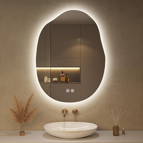 OUMUSU 60x80cm LED Badspiegel mit Beleuchtung Asymmetrischer | Badezimmerspiegel mit Beleuchtung,Beschlagfrei,Touch-Schalter, Dimmbar,3 Lichtfarbe Einstellbare, Bruchsicher
