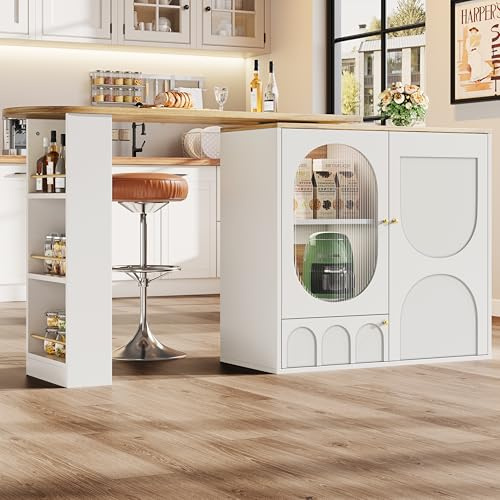 Merax Bartisch Ausziehbarer, Drehbar Esstisch mit Stauraum, Modern Stehtisch Bistrotisch mit Glastür, Türregal, Offenes Staufach, Kücheninsel für Bar Küche Wohnzimmer Esszimmer, 138-204x39x105cm, Weiß