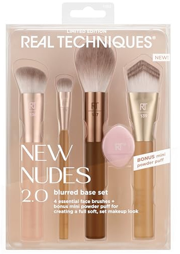 Real Techniques New Nudes Blurred Base Kit, 5-teiliges Make-up-Pinselset mit Puderquaste, für Foundation, Concealer, Rouge, Konturierung und Puderverblendung, weiche Borsten, tierversuchsfrei | Mischen und passen Sie mit Kontrolle an, indem Sie ein Foundation-Pinsel-Set mit Mini-Puderquaste verwenden