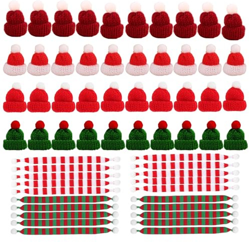 Rainway 60 Stück Mini Weihnachtsmütze und Schal Set, Mini Puppen Hut Kleine Weihnachtsmützen, Dekorative Strickmütze Santa Hüte, Mützen zum Basteln Wichtel Zubehör Weihnachten (Mehrfarbig)