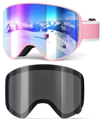 EasYoung Lunettes de ski avec 2 lentilles, lunettes de snowboard pour enfants, garçons, filles, junior, lunettes de ski avec lentille magnétique, protection UV, anti-buée, compatible avec casque de