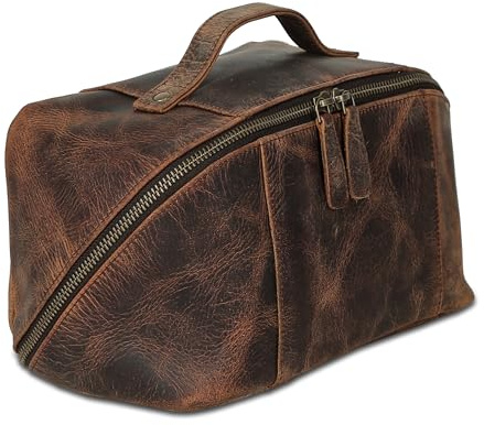 KomalC Luxury Leather Men’s Toiletry Travel Bag – Handmade Shaving Kit with Spacious Storage & Carry Handle – leather travel Kit Bag for Men & Women (Dark Brown)