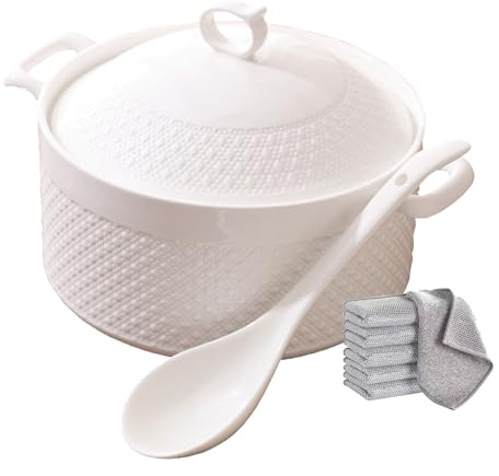 YLME Sopera De Cerámica con Cuchara Y Tapa Hecha De Porcelana para Cocina De Restaurante Olla Sopera De Cerámica con Decoración Blanca,3600ml/3.27qt