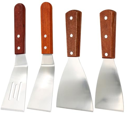 GAESHOW Lot de 4 spatules professionnelles pour barbecue en acier inoxydable, spatule pour plaque, spatule perforée et grattoir, poignée en bois, accessoires pour plaque, cuisine, extérieur