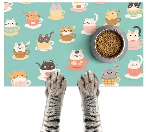 HOMETITUTE Cat Feeding Mat 24x16 inch Teacup Kitten Print Pet Bowl Placemat Non Slip Floor Mat for Food and Water Indoor Kitty Feeding Station Cute Meal Pad for Small Pets Kitchen Use