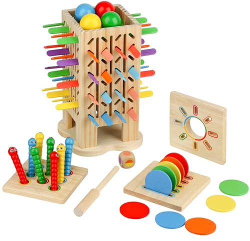 Montessori Toys Wooden Board Game, Kids Educational Fine Motor Skills Toy with 42 Colourful Sticks and Dice, Family Fun Outdoor Travel Games for Boys and Girls 3-6 Years Old Birthday Gift (Colorful)