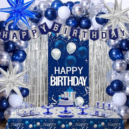 Navy Blue and Silver Birthday Decorations for Men Women, Bday Supplies Kit