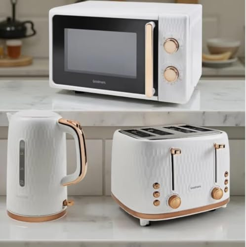 Goodmans 3-Piece Kitchen Set, White and Rose Gold, Honeycomb Textured, 1.7L Kettle, 4-Slice Toaster, 20L 700W Microwave