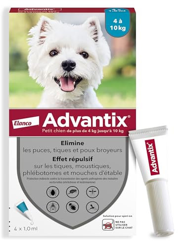 Advantix Petit Chien entre 4 et 10 kg – Pipettes pour chien contre 6 parasites – Traitement et protection pour votre animal pendant 4 semaines – 4 x 1,0 ml