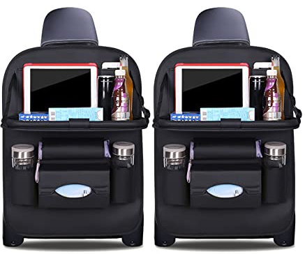 Ergocar Auto Organizer Rückenlehnenschutz Luxus Autositzschutz aus PU-Leder mit faltbarem Tablethalter wasserdicht Rückenlehnenschutz Rückenlehnen-Tasche für Kinder (Schwarz - 2 Pack)