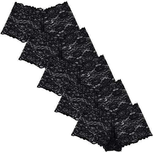 Yenita Women Lace Hipster, set di 5 pantes da donna in morbido tessuto di pizzo Nero L