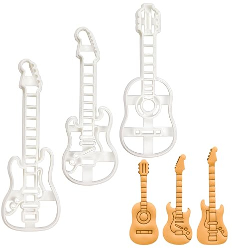 BAKERLOGY Set of 3 Guitar Cookie Cutters (Designs: Acoustic, Electric, Bass) - Detailed Biscuit Cutter Design for Baking and Crafts, Ideal on Fondant, Dough, Clay