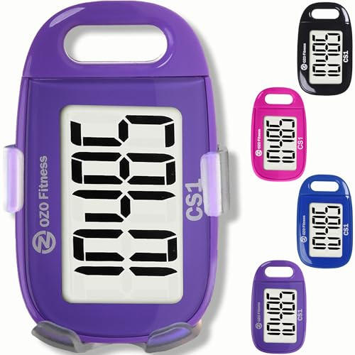 OZO Fitness Clip-on 3D Pedometer for Walking Steps Counter with Lanyard, Simple Exercise Tracker for Women and Seniors with Large Accurate Digital Display, Portable Minimalist Sports Monitor, Purple