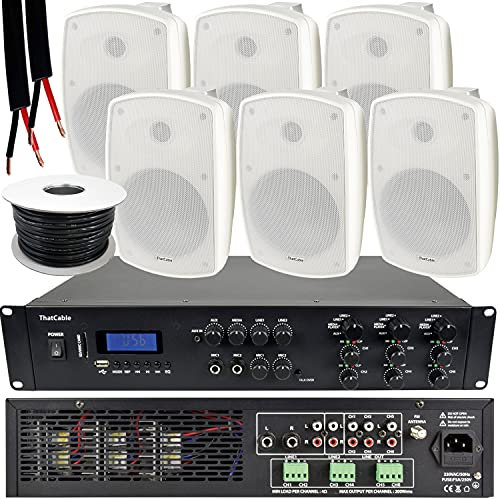 1200W LOUD Outdoor Bluetooth Sound System | 6x 140W White Speaker | 6 Channel / Zone Matrix HiFi Mixer Amplifier Amp Kit | Weatherproof Garden Party Event Audio | Powerful Wireless Music | Echo Alexa