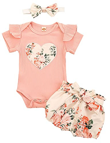 Geagodelia 3Pcs Baby Girl Clothes Heart Outfit Set Newborn Clothing Short Sleeve Bodysuit Romper + Floral Shorts + Headband Spring Summer Baby Grows 0-18 Months
