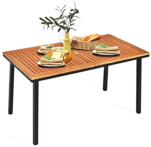 GIANTEX Tavolo da Pranzo in Legno di Acacia Rettangolare | Tavolo da Giardino con Foro per Ombrellone in Design Industriale, 140 x 75 x 76 cm