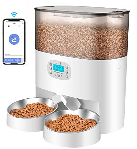 honeyguaridan Futterautomat 2 Katzen mit APP, 6L WiFi Katzenfutter Automat mit 2 näpfe, Zeitgesteuerte, 10s Sprachaufzeichnung, bis zu 6 Mahlzeiten am Tag - für Katze & Hunde (Weiß)